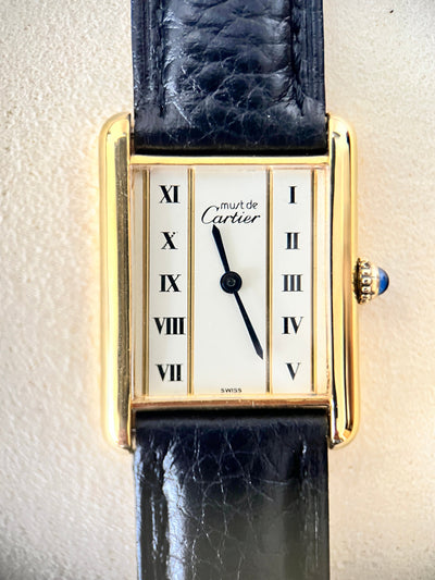 Must de Cartier Tank Vintage Watch LM Size Straight Roman Sterling Silver with 18K Vermeil