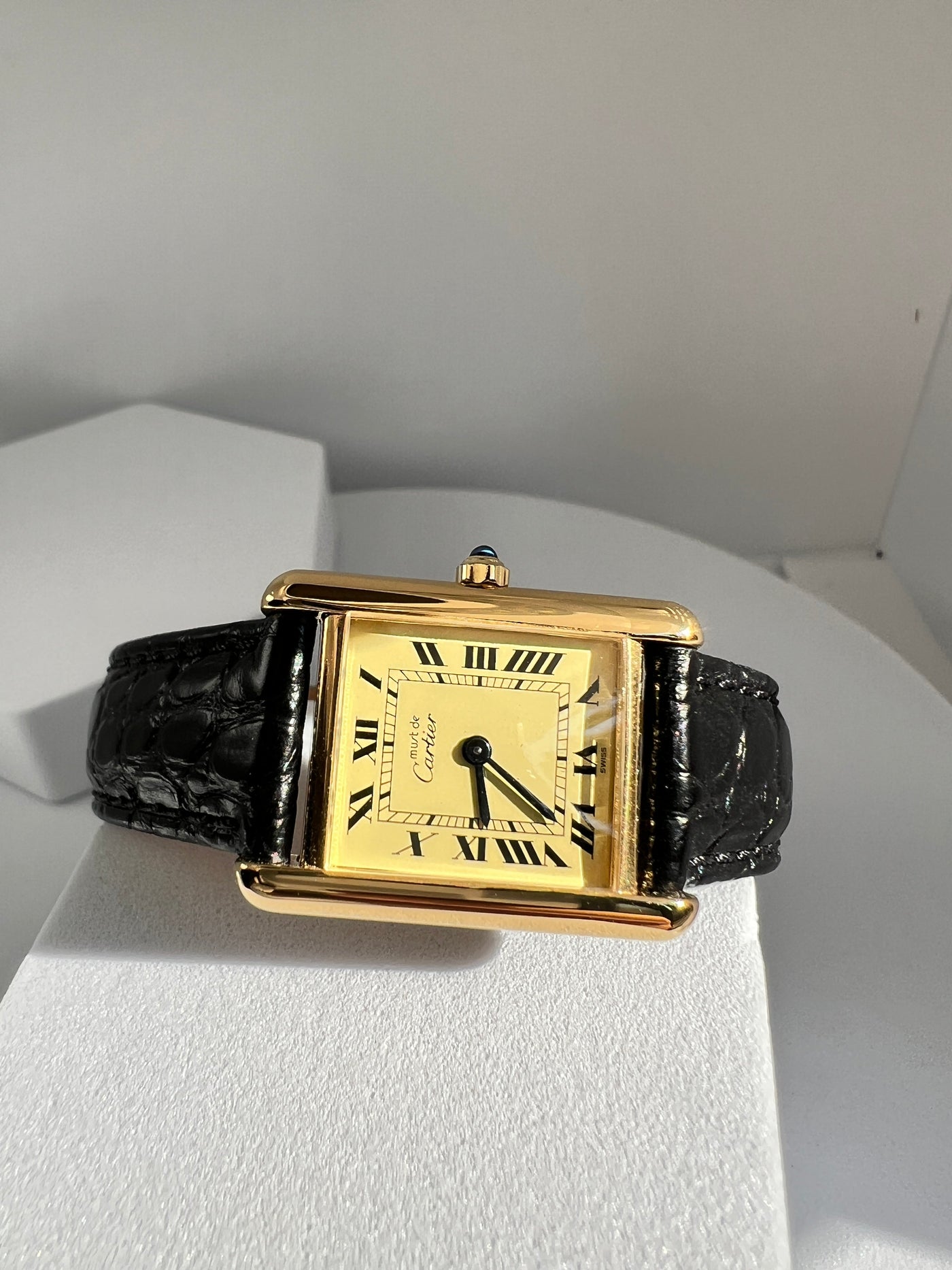 Must de Cartier Tank Ladies Vintage Watch Ivory SM Size Pure Silver with 18K Vermeil