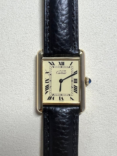 Must de Cartier Tank Vintage Watch, Ivory, Large Size, Hand-wound, Pure Silver with 18K Vermeil