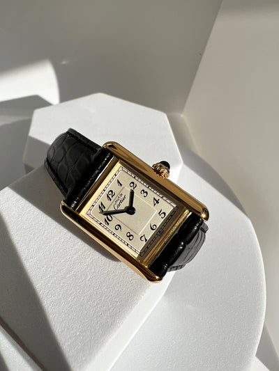 Discontinued Must de Cartier Tank Ladies Vintage Watch with Breguet Numerals, Small and Medium Size, Sterling Silver with 18K Vermeil