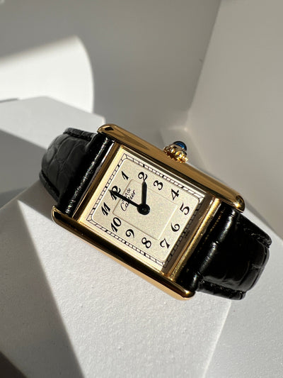 Discontinued Must de Cartier Tank Ladies Vintage Watch with Breguet Numerals, Small and Medium Size, Sterling Silver with 18K Vermeil