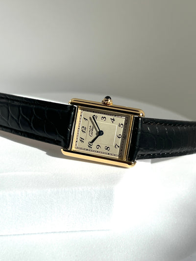 Discontinued Must de Cartier Tank Unisex Vintage Watch with Breguet Numerals, Large Size, Pure Silver with 18K Vermeil
