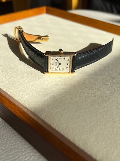 Discontinued Must de Cartier Tank Unisex Vintage Watch with Breguet Numerals, Large Size, Pure Silver with 18K Vermeil