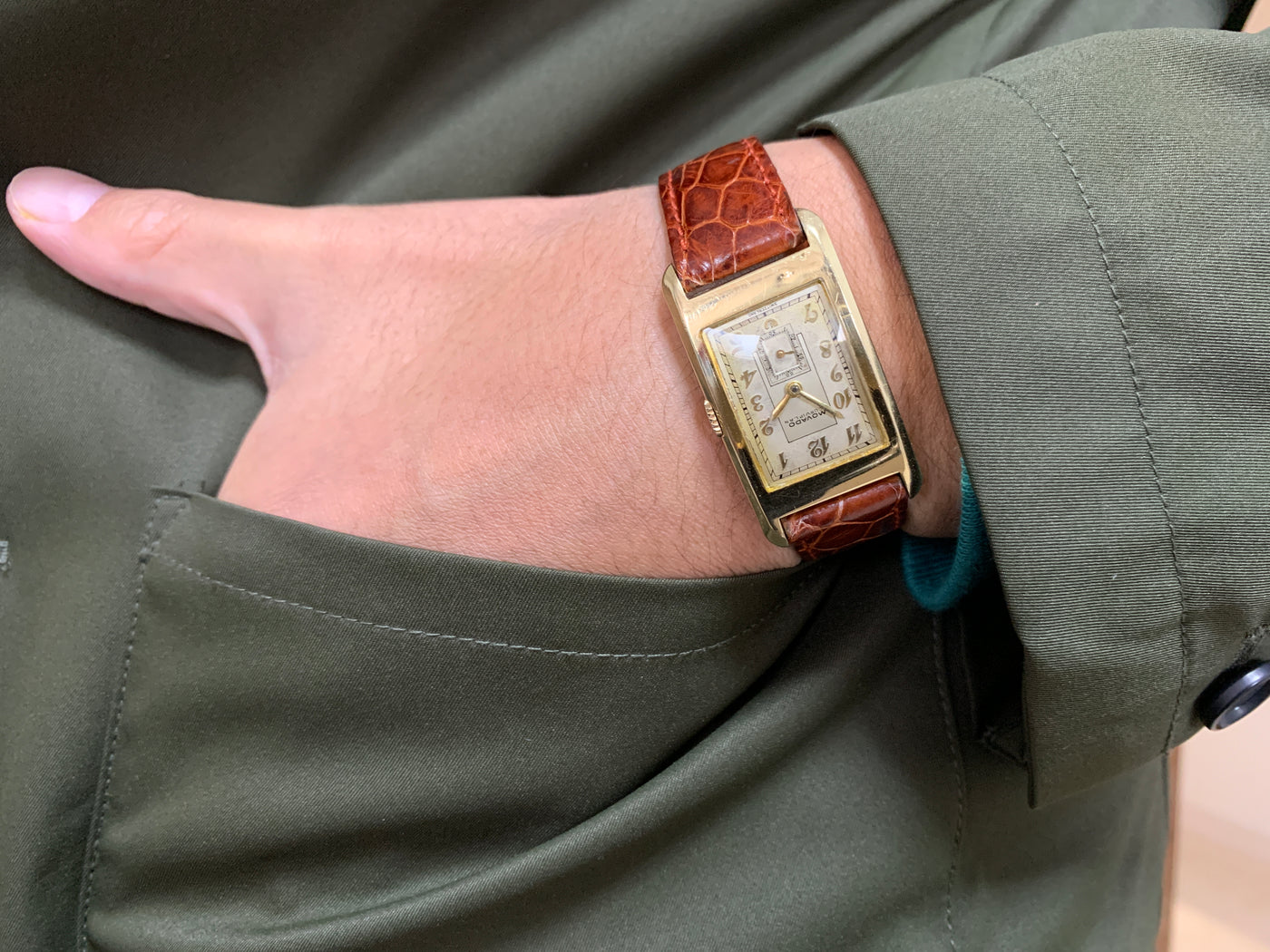 モバード（MOVADO）14k カービプラン『カーヴィプラン』 アールデコ時代 レクタンギュラー型腕時計